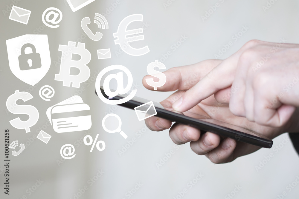 Businessman push on cell phone check mail currency shield security virus