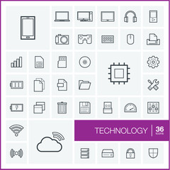 Wall Mural - Vector thin line icons set and graphic design elements. Illustration with technology and digital outline symbols. Mobile phone, cloud computing, cogwheel, settings, network and media linear pictogram