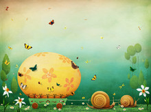 Greeting Easter Card With Yellow  Egg And Snails