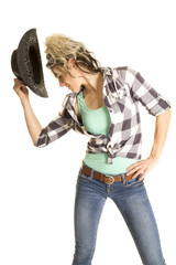 Canvas Print - cowgirl plaid shirt black hat just off head