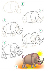 Wall Mural - Page shows how to learn step by step to draw a rhinoceros. Developing children skills for drawing and coloring. Vector image.