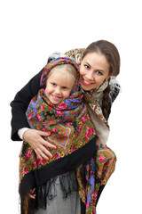 Wall Mural - A young woman with little girl in Russian kerchiefs