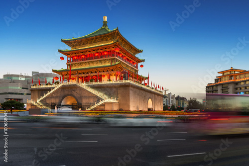 ancient tower at dusk in xian city wall ,China Poster