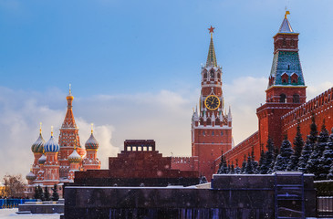 Kremlin wall Spasskaya Tower Mausoleum Red Square sunset winter