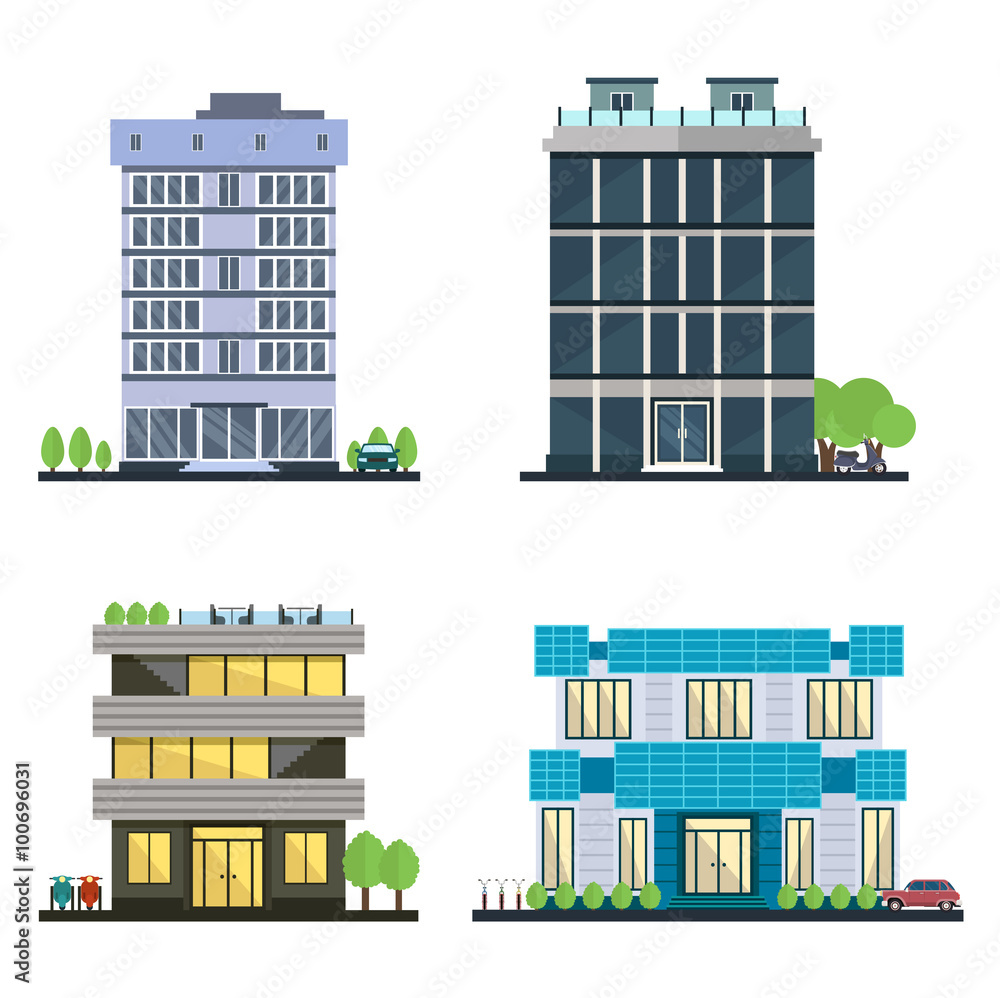 Set of vector modern business center with diverse architecture facades ...