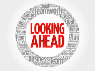 Looking Ahead circle stamp word cloud, business concept