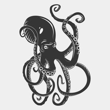 Black Danger Cartoon Octopus Characters With Curling Tentacles Swimming Underwater, Isolated On White. Tattoo Or Pattern On A T-shirt, Poster Or Logo, Vector Illustration