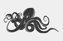 Black Danger Cartoon Octopus Characters With Curling Tentacles Swimming Underwater, Isolated On White. Tattoo Or Pattern On A T-shirt, Poster Or Logo, Vector Illustration