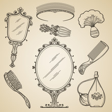 Hand Drawn Vintage Beauty And Retro Makeup Items. Fashion Doodle And Sketch Mirror. Vintage Beauty Retro Makeup Vector Icons