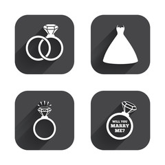 Wedding dress icon. Bride and groom rings symbol