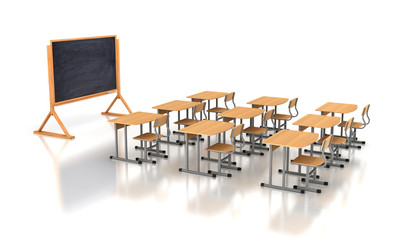 Empty classroom with wooden desks and blackboard