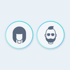 Canvas Print - Avatars round stylish icons, girl and bearded man, vector illustration