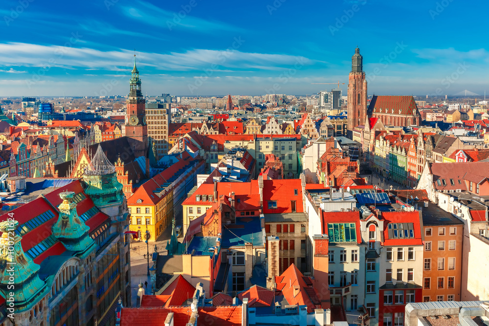 Aerial view of Stare Miasto with Market Square, Old Town Hall and St. Elizabeth's Church from St. Mary Magdalene Church in Wroclaw, Poland - obrazy, fototapety, plakaty 