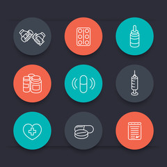 Canvas Print - medicine, drugs, pills, pharmaceutics, prescription line round icons, vector illustration