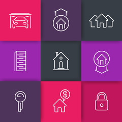 Wall Mural - Real estate line icons on squares, vector illustration