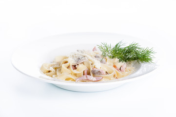 Italian pasta with chicken, champignon and cheese on white backg