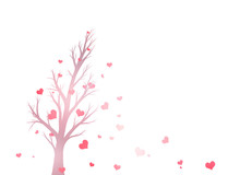 Beautiful Soft Pink Color Tree Silhouette With Red Heart Shape Leaves In The Wind. Valentines Holiday Conceptual Tree With Love Hearts Illustration Isolated On White With Copy Space Background.