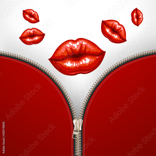 Fototapeta na wymiar Beautiful glossy female lips with metallic zipper