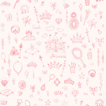 Seamless Background Hand-drawn Vintage Princess Girl Set, Doodle Design Elements, Sketchy Fairy Tale Princess Tiara Crown Notebook, Vector Illustration, For Design And Scrapbook