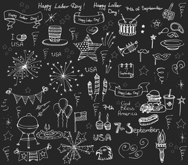 Set of hand drawn vector illustration elements Happy Labor Day, 7th of September, set of design elements for Labor Day, national holiday, fireworks, star, flag, I love USA