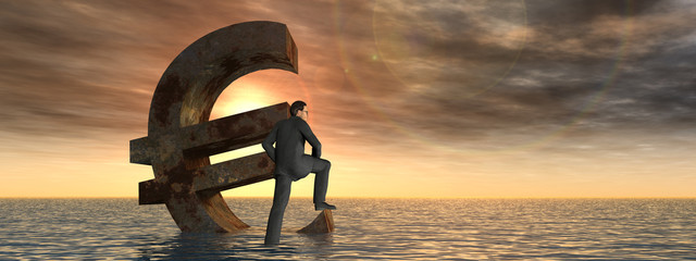 Conceptual Euro crisis with a busines man at sunset