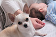 Mother , baby and chihuahua dog on bed. Baby and pet at home. Growing up with a pet concept