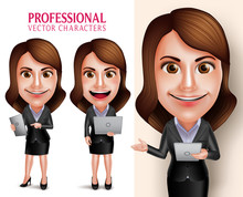 Set Of 3D Realistic Professional Woman Character With Business Outfit Happy Smiling Holding Mobile Tablet And Laptop Isolated In White Background. Vector Illustration
