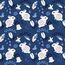 Seamless Pattern With Rabbits, Lady Bugs, Birds And Flowers, Vec