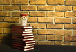 Książki i kubek na tle ściany z cegły.
