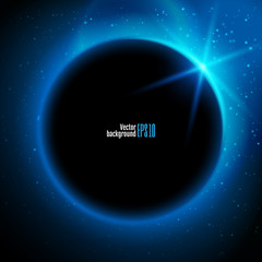eclipse illustration, planet in space in blue rays of light vec