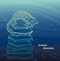 Sticker - Sweet dreams - sleeping cat and pillows on a night starry sky.