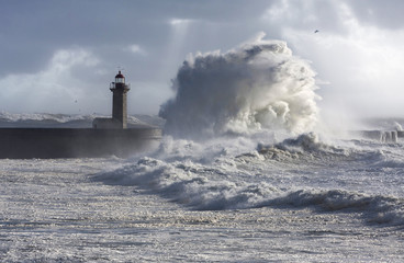 Storm waves over the Lighthouse, Portugal 