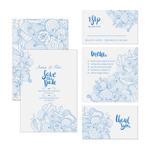 Beautiful Wedding Set With Detailed Creative Marine Ornament And Hand Lettering. It Includes Save The Date, RSVP, Menu And Thank You Cards.