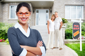 Poster - Real Estate agent woman near new house.