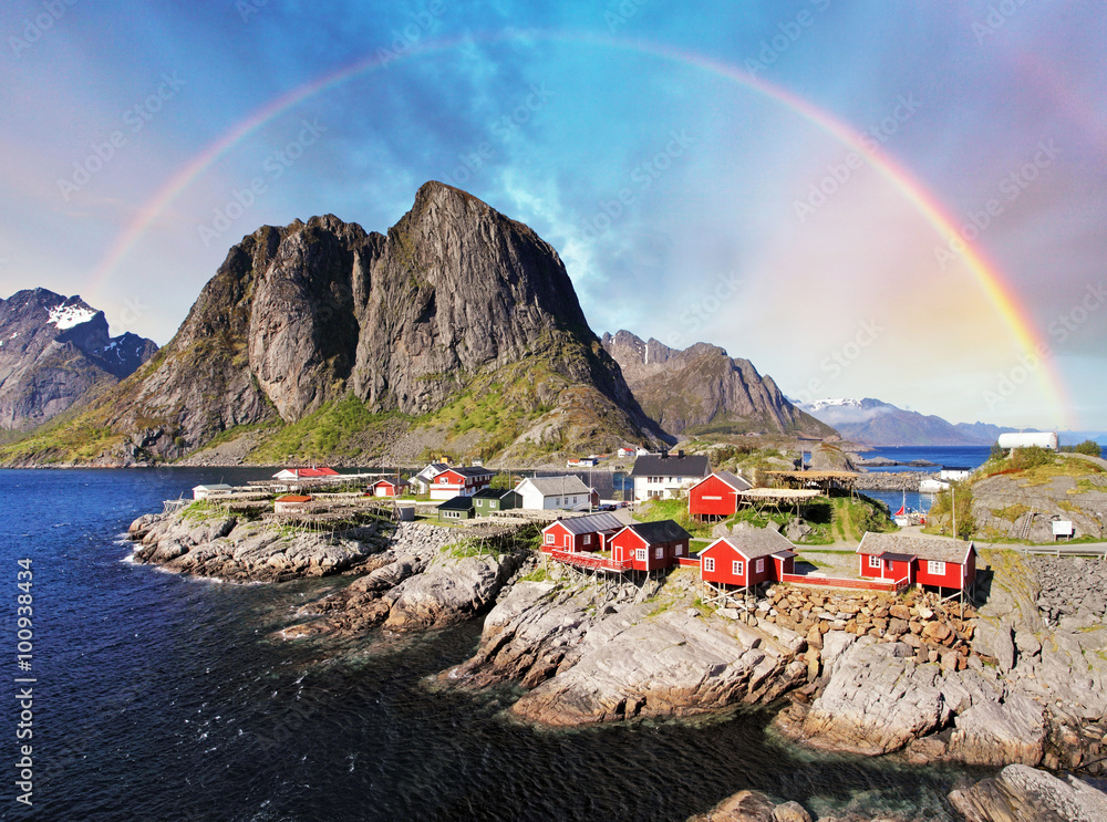 Norwegian fishing village huts with rainbow, Reine, Lofoten Isla - obrazy, fototapety, plakaty 