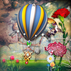 Wall Mural - Green field with tulips flowers and montgolfier