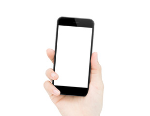 Fototapete - woman hand holding phone isolated clipping path inside