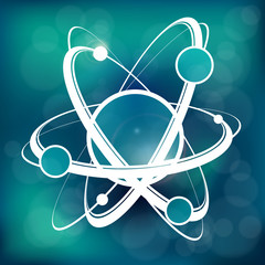 Atom model on blue, technology flat vector illustration