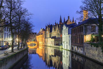 Wall Mural - Night scene of historic medieval buildings along a canal in Bruges