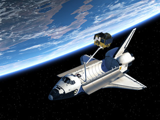 Wall Mural - space shuttle deploying satellite