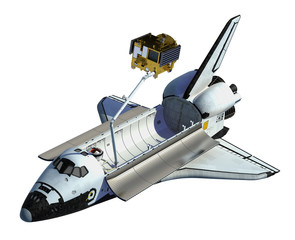 Wall Mural - space shuttle deploying satellite on white background