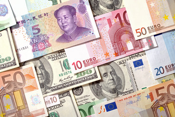  Dollars, Euro and Yuan  banknotes background