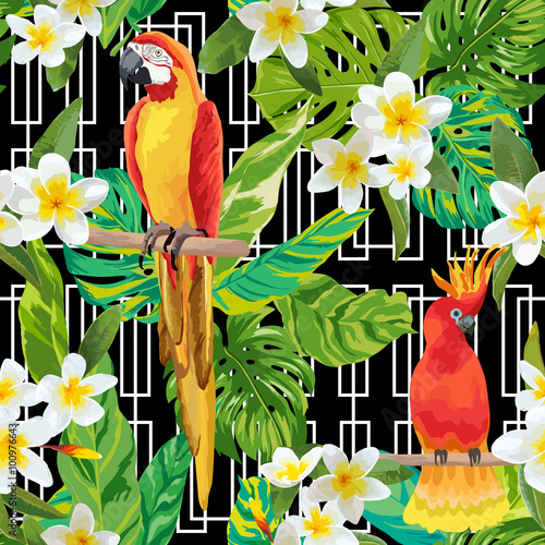 Fototapeta na wymiar Tropical Flowers and Birds Geometric Background - Vintage Seamless Pattern