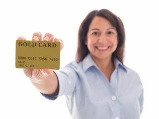 Photograph of a young mixed-race woman proudly displaying her Gold Card.