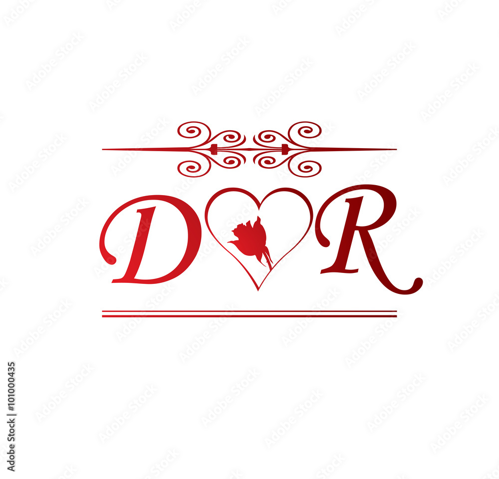 DR love initial with red heart and rose Stock Vector | Adobe Stock, image size:1000x960