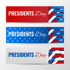 Wall Mural - Set of modern vector horizontal banners, page headers with text for Presidents Day. Banners with stripes and stars in the colors of the American flag.
