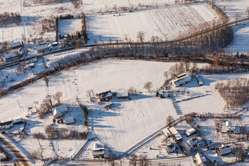 aerial view  over the harvest fields in winter