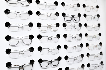 eye glasses on the shelf in shop