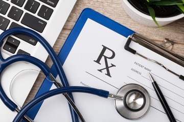 Close-up top view of medical doctor working place