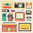 Old retro media communication technology such as mobile phone camera radio television diskette cassette tape pager and loudspeaker amplifier flat icon design, create by vector 